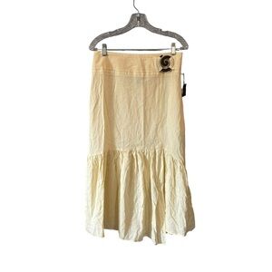 Courtenay Linen Blend Ruffle Midi Skirt Cream Beige Wooden Buckle Size 10 NWT